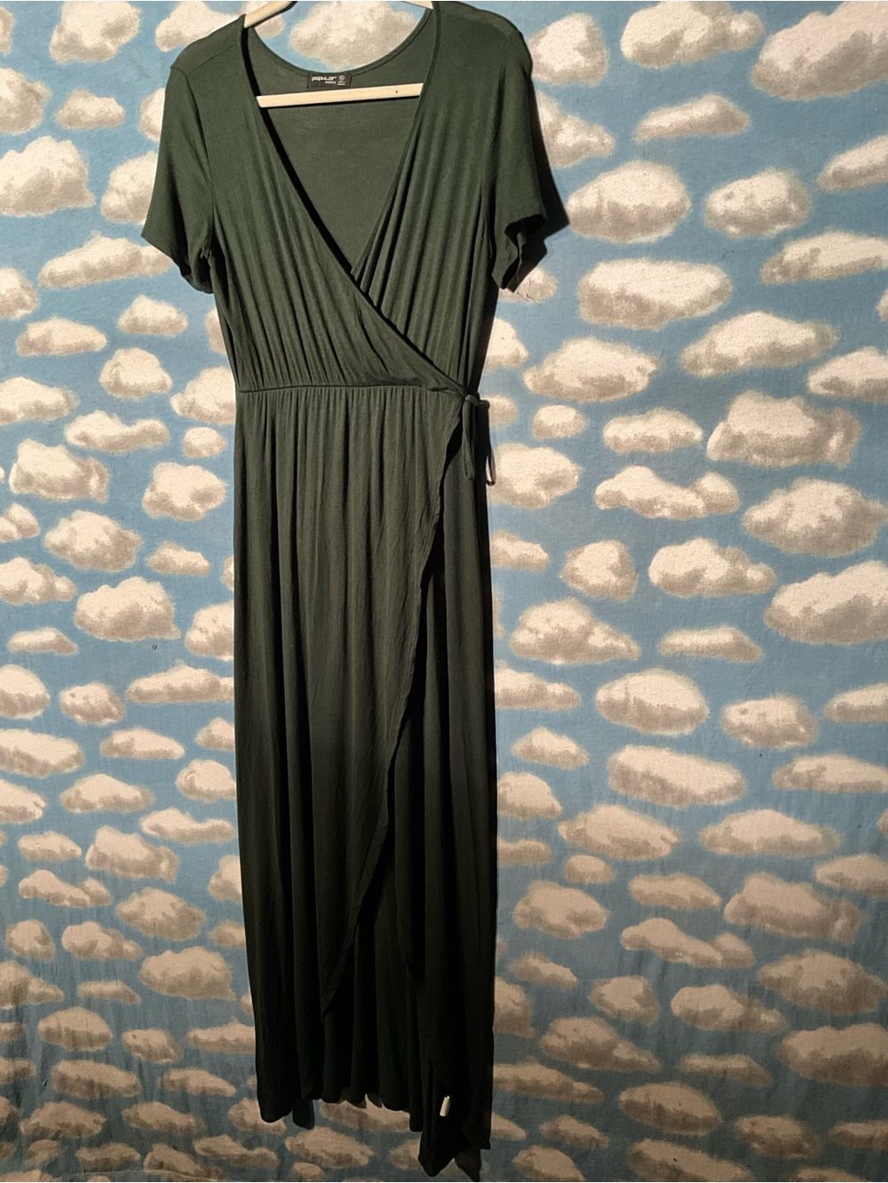 Popular Basics XL Olive Green Faux Wrap V-Neck Maxi Dress Short Sleeve Stretch